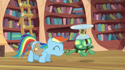 Size: 1280x720 | Tagged: safe, imported from derpibooru, screencap, rainbow dash, tank, pegasus, pony, tortoise, just for sidekicks, season 3, ^^, bag, boop, cute, daaaaaaaaaaaw, dashabetes, duo, eyes closed, female, golden oaks library, grin, hnnng, mare, noseboop, nuzzling, saddle bag, smiling, tankabetes