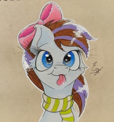 Size: 1377x1469 | Tagged: safe, artist:engi, imported from derpibooru, oc, oc only, oc:breezy, earth pony, pony, bow, clothes, cute, female, hair bow, looking at you, outline, scarf, simple background, smiling, solo, striped scarf, tongue out, traditional art, watercolor painting, white outline