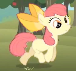 Size: 274x256 | Tagged: safe, artist:pagiepoppie12345, edit, edited screencap, imported from derpibooru, screencap, opal bloom, earth pony, pony, season 2, the super speedy cider squeezy 6000, apple, bow, derp, female, filly, foal, food, hair bow, mare, needs more jpeg, sweet apple acres, tree