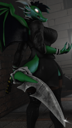 Size: 4320x7680 | Tagged: safe, artist:vladichslg, imported from derpibooru, oc, oc:green hit, anthro, dragon, 3d, 8k, ass, big breasts, blade, boots, breasts, butt, choker, clothes, dragon tail, evil grin, grin, gun, handgun, jacket, leather jacket, leather skirt, pistol, red eyes, rule 63, shiny, shoes, skirt, smiling, source filmmaker, spiky hair, tail, weapon, wings