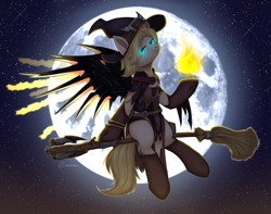 Size: 1200x947 | Tagged: safe, artist:avrameow, imported from derpibooru, oc, oc only, broom, clothes, cosplay, costume, flying, flying broomstick, hat, magic, mercy, moon, overwatch, solo, witch, witch hat