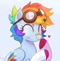 Size: 1184x1210 | Tagged: safe, artist:oddysies, imported from derpibooru, rainbow dash, pegasus, pony, alternate design, alternate hairstyle, aviator goggles, bandaid, bandaid on nose, blue background, bruised, colored wings, cute, dashabetes, eyes closed, female, goggles, heart, hooves, light blue background, mare, multicolored hooves, multicolored wings, redesign, scratches, short hair, short mane, simple background, smiling, solo, wings