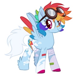 Size: 716x715 | Tagged: safe, artist:oddysies, imported from derpibooru, rainbow dash, pegasus, pony, alternate design, alternate hairstyle, aviator goggles, bandage, bandaid, bandaid on nose, bruised, colored wings, female, goggles, mare, multicolored wings, redesign, short hair, short mane, simple background, smiling, smirk, solo, spread wings, white background, wings