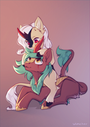 Size: 2894x4093 | Tagged: safe, artist:vincher, imported from derpibooru, oc, oc only, oc:sahara_(kirin), oc:selketo, hybrid, kirin, bat eyes, colored horn, colt, curved horn, eye contact, father and child, father and son, foal, green hair, hoof on head, horn, interspecies offspring, kirin oc, looking at each other, looking at someone, lying down, male, neck fluff, offspring, older, parent:oc:selketo, parent:oc:valentora, parents:oc x oc, scales, scar, simple background, sitting on pony, size difference, smiling, sombra horn, tail, tail fluff, unshorn fetlocks, white hair, younger