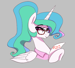 Size: 463x423 | Tagged: safe, artist:thebatfang, imported from derpibooru, princess celestia, alicorn, pony, aggie.io, alternate hairstyle, bedroom eyes, clothes, eyebrows, eyebrows visible through hair, female, glasses, gray background, hoof hold, lidded eyes, looking back, mare, paper, ponytail, shirt, simple background, smiling, teacher