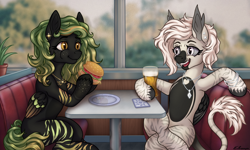 Size: 3000x1801 | Tagged: safe, artist:elronya, artist:eltaile, imported from derpibooru, oc, oc only, oc:devilvoice, oc:greenviper, bat pony, pony, alcohol, beer, burger, commission, detailed background, diner, duo, ear piercing, earring, eating, female, food, hay burger, jewelry, leonine tail, necklace, open mouth, piercing, plate, restaurant, sitting, smiling, tail, talking, tongue out