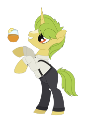 Size: 1311x1695 | Tagged: safe, artist:dyonys, imported from derpibooru, oc, oc:whiskey sour, pony, unicorn, bipedal, clothes, coat markings, cutie mark, fallout equestria oc, male, pants, simple background, stallion, transparent background