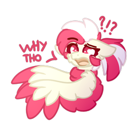 Size: 2000x2000 | Tagged: safe, artist:michini, imported from derpibooru, oc, oc only, oc:candy rain, pegasus, confused, cute, reaction image, requested art, simple background, solo, talking, text, transparent background, why, wings