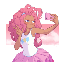 Size: 1075x1024 | Tagged: safe, artist:skittlebuggy, color edit, edit, editor:diameltzowo, imported from derpibooru, pinkie pie, human, equestria girls, equestria girls series, dark skin, female, high res, lidded eyes, peace sign, phone, selfie, skin color edit, solo, taking a photo