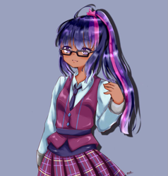 Size: 975x1024 | Tagged: safe, artist:moh_mlp2, color edit, edit, editor:diameltzowo, imported from derpibooru, sci-twi, twilight sparkle, human, equestria girls, friendship games, blue background, clothes, crystal prep academy uniform, dark skin, female, friendship games outfit, looking at you, necktie, open mouth, ponytail, school uniform, simple background, skin color edit, solo