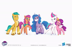 Size: 2083x1349 | Tagged: safe, artist:claudio naccari, boulder media, imported from derpibooru, hitch trailblazer, izzy moonbow, pipp petals, sunny starscout, zipp storm, earth pony, pegasus, pony, unicorn, blue eyes, blue-eyed pipp, boulder media logo, concept art, female, g5, hasbro, hasbro logo, height difference, logo, male, mane five (g5), mare, my little pony logo, my little pony: tell your tale, official, physique difference, pipp is short, simple background, slim, stallion, text, thin, white background