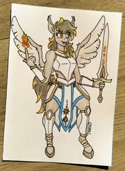Size: 2344x3206 | Tagged: safe, artist:yognaughtsteve, imported from derpibooru, oc, oc:crossfire, anthro, hybrid, armor, fire magic, flying, pegabat, solo, sword, traditional art, weapon