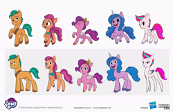 Size: 2083x1349 | Tagged: safe, artist:claudio naccari, boulder media, imported from derpibooru, hitch trailblazer, izzy moonbow, pipp petals, sunny starscout, zipp storm, earth pony, pegasus, pony, unicorn, boulder media logo, chubby, concept art, female, g5, hasbro, hasbro logo, height difference, logo, male, mane five (g5), mare, my little pony logo, my little pony: tell your tale, official, physique difference, pipp is short, simple background, slim, stallion, text, thin, white background