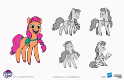 Size: 2083x1349 | Tagged: safe, artist:claudio naccari, boulder media, imported from derpibooru, sunny starscout, earth pony, pony, boulder media logo, concave belly, concept art, female, g5, hasbro, hasbro logo, logo, mare, my little pony logo, my little pony: tell your tale, official, simple background, slim, text, thin, white background
