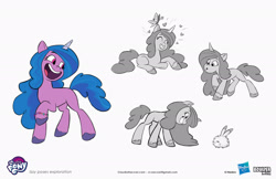 Size: 2083x1349 | Tagged: safe, artist:claudio naccari, boulder media, imported from derpibooru, izzy moonbow, pony, unicorn, boulder media logo, concave belly, concept art, female, g5, hasbro, hasbro logo, logo, mare, my little pony logo, my little pony: tell your tale, official, raised hoof, simple background, slim, text, thin, white background