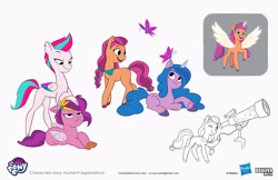 Size: 2083x1349 | Tagged: safe, artist:claudio naccari, boulder media, imported from derpibooru, izzy moonbow, pipp petals, sunny starscout, zipp storm, alicorn, butterfly, earth pony, pegasus, pony, unicorn, alicornified, boulder media logo, concave belly, concept art, female, g5, hasbro, hasbro logo, logo, mare, my little pony logo, my little pony: tell your tale, official, pipp petals is not amused, race swap, simple background, slim, telescope, text, thin, unamused, white background