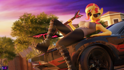 Size: 3840x2160 | Tagged: safe, artist:shadowboltsfm, imported from derpibooru, sunset shimmer, anthro, plantigrade anthro, 3d, 4k, aviator sunglasses, blender, boots, breasts, car, crepuscular rays, electric guitar, eyelashes, female, guitar, high heels, high res, looking at you, musical instrument, not sfm, platform boots, platform heels, shoes, smiling, solo, sunglasses, wedge heel