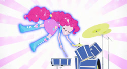 Size: 1212x659 | Tagged: safe, imported from derpibooru, screencap, pinkie pie, human, equestria girls, pinkie on the one, rainbow rocks, boots, clothes, drum kit, drums, drumsticks, eyes closed, floating, glowing, musical instrument, ponied up, shirt, shoes, skirt, smiling, solo, sparkles, sunburst background, youtube link