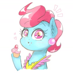 Size: 1595x1596 | Tagged: safe, artist:phoenixrk49, imported from derpibooru, cup cake, earth pony, pony, clothes, cupcake, eating, emanata, eye reflection, female, food, heart, looking at you, mare, raised hoof, reflection, simple background, solo, white background
