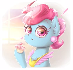 Size: 1651x1599 | Tagged: safe, artist:phoenixrk49, imported from derpibooru, cup cake, earth pony, pony, clothes, cupcake, eating, exclamation point, eye reflection, female, food, heart, looking at you, mare, raised hoof, reflection, simple background, solo, white background