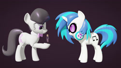 Size: 3840x2160 | Tagged: safe, artist:wissle, imported from derpibooru, dj pon-3, octavia melody, vinyl scratch, earth pony, human, pony, unicorn, 3d, blender, bowtie, crossover, female, figurine, fischl (genshin impact), genshin impact, happy, headphones, high res, holding, mare, simple background, smiling, vinyl's glasses