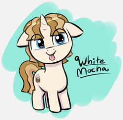 Size: 2118x2074 | Tagged: source needed, safe, artist:heretichesh, imported from derpibooru, oc, oc only, oc:white mocha, pony, unicorn, :p, colored, colt, eye clipping through hair, floppy ears, foal, full body, high res, hooves, horn, looking at you, male, simple background, solo, standing, tail, tongue out, two toned mane, two toned tail, unicorn oc