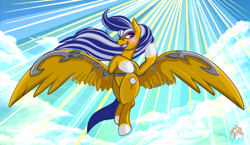 Size: 786x457 | Tagged: safe, artist:firehearttheinferno, imported from derpibooru, oc, oc only, oc:vanity, oc:vanity angel, pegasus, pony, fallout equestria, antagonist, blade, blue eyes, blue mane, blue tail, blushing, braided tail, cloud, cloudy, concept art, concept for a fanfic, confident, crown, cutie mark, digital art, enclave, eyeshadow, fallout, fallout equestria oc, fallout equestria: equestria the beautiful, female, floating, flying, gliding, golden coat, graceful, grin, jewelry, large wings, lidded eyes, light rays, lipstick, makeup, mare, mirror, pose, pride, regalia, silver mane, sindicate seven, smiling, smug, smug smile, solo, straps, sunlight, tail, thighs, tiara, villainess, watermark, weapon, white hooves, windswept mane, wingblade, wings, wip, yellow coat