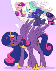 Size: 2297x2937 | Tagged: safe, artist:pledus, imported from derpibooru, princess cadance, princess celestia, princess luna, twilight sparkle, oc, oc:queen galaxia (bigonionbean), alicorn, pony, alicorn oc, blushing, commissioner:bigonionbean, cross-popping veins, crown, cutie mark, embarrassed, ethereal mane, ethereal tail, female, fusion, fusion:princess cadance, fusion:princess celestia, fusion:princess luna, fusion:twilight sparkle, horn, horseshoes, hug, jewelry, mare, regalia, tail, thought bubble, traditional royal canterlot voice, twilight sparkle (alicorn), uneasy, wings, yelling