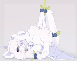 Size: 2048x1625 | Tagged: safe, artist:little-sketches, imported from derpibooru, oc, oc only, oc:afina rye, bat pony, bat pony oc, butt, butt fluff, chest fluff, choker, collar, commission, cute, looking at you, lying down, on back, plot, smiling, solo, spread wings, tied up, upside down, wings, your character here