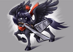 Size: 3500x2500 | Tagged: safe, artist:noupie, imported from derpibooru, pegasus, pony, attack on titan, female, mare, mikasa ackerman, mouth hold, ponified, sword, weapon