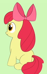 Size: 2449x3798 | Tagged: safe, artist:toryu137, imported from derpibooru, apple bloom, earth pony, pony, apple bloom's bow, bow, female, filly, foal, green background, hair bow, high res, simple background, sitting, smiling, solo, tail