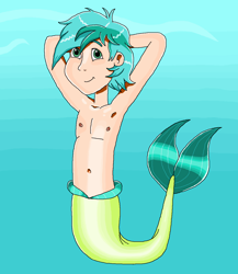 Size: 1112x1279 | Tagged: safe, artist:ocean lover, imported from derpibooru, sandbar, human, merboy, merman, arm behind head, bare shoulders, belly button, chest, cute, fins, green eyes, handsome, human coloration, humanized, looking up, male, mermanized, mermay, sandabetes, shiny skin, smiling, solo, tail, tail fin, teenager