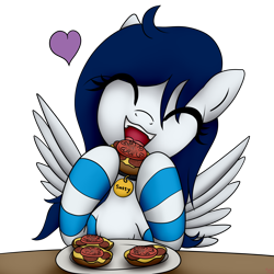 Size: 4000x4000 | Tagged: safe, artist:littlenaughtypony, imported from derpibooru, oc, oc:sassysvczka, pegasus, pony, bread, cheese, clothes, collar, cute, drool, eating, enjoying, eye clipping through hair, eyes closed, female, food, happy, heart, long mane, mane, mare, meat, open mouth, open smile, pegasus oc, pepper, pet tag, ponies eating meat, salami, salivating, salt, sandwich, simple background, sitting, smiling, socks, solo, spread wings, stockings, striped socks, table, teeth, thigh highs, tomato, transparent background, wings