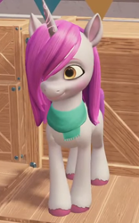 Size: 350x560 | Tagged: safe, imported from derpibooru, pony, unicorn, clothes, cropped, female, g5, game screencap, hair over one eye, mare, my little pony: a maretime bay adventure, primrose (g5), scarf, solo