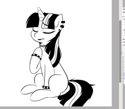 Size: 926x810 | Tagged: safe, artist:makaryo, imported from derpibooru, twilight sparkle, pony, unicorn, black and white, choker, ear piercing, emo, eyes closed, grayscale, lineart, monochrome, piercing, solo, spiked wristband, unicorn twilight, wip, wristband