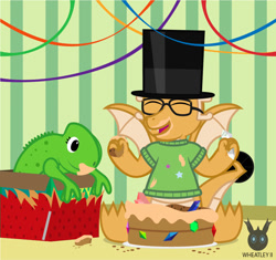 Size: 827x778 | Tagged: safe, artist:wheatley r.h., derpibooru exclusive, imported from derpibooru, oc, oc only, oc:myoozik the dragon, chameleon, dragon, birthday, cake, clothes, dragon oc, food, gem, gemstones, happy, hat, male, plushie, present, solo, spread wings, top hat, toy, vector, watermark, wings