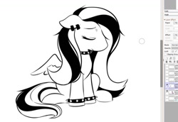 Size: 1180x812 | Tagged: safe, artist:makaryo, imported from derpibooru, fluttershy, pegasus, pony, black and white, choker, ear piercing, emo, emoshy, eyes closed, grayscale, lineart, monochrome, piercing, solo, spiked choker, spiked wristband, wip, wristband