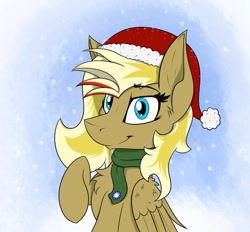 Size: 1125x1046 | Tagged: safe, artist:dangercloseart, imported from derpibooru, oc, oc only, oc:kitty hawk, pegasus, pony, beautiful, blue background, blue eyes, christmas, clothes, cute, emblem, female, hat, holiday, looking at you, mane, mare, pegasus oc, santa hat, scarf, simple background, smiling, snow, snowflake, solo