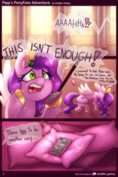 Size: 1280x1920 | Tagged: safe, artist:shad0w-galaxy, imported from derpibooru, pipp petals, pegasus, pony, comic:pipp's ponyfans adventure, comic, comic strip, flying, g5, hallway, jewelry, onlyfans, onomatopoeia, open mouth, panic, panicking, phone, pillow, pomf, ponyfans, ponyhoof, regalia, screaming, solo, speech bubble, talking, text, unshorn fetlocks, wings