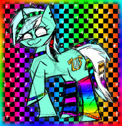 Size: 1082x1120 | Tagged: safe, artist:xxv4mp_g4z3rxx, imported from derpibooru, lyra heartstrings, pony, unicorn, bracelet, clothes, eyestrain warning, female, jewelry, scene, smiling, socks, solo, standing, striped socks