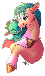 Size: 946x1608 | Tagged: safe, artist:malinraf1615, imported from derpibooru, hitch trailblazer, dragon, earth pony, pony, baby, baby dragon, chest fluff, cute, duo, eyes closed, father and child, father and son, g5, grin, hitchbetes, hug, male, markings, my little pony: make your mark, one eye closed, papa hitch, simple background, smiling, sparky sparkeroni, sparkybetes, stallion, unshorn fetlocks, white background, wink