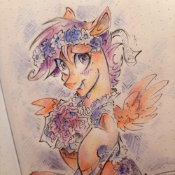 Size: 2048x2048 | Tagged: safe, artist:regenbogen, imported from derpibooru, scootaloo, pegasus, pony, a canterlot wedding, blushing, bouquet, bridesmaid dress, clothes, cute, cutealoo, dress, female, filly, flower, foal, hoof hold, solo, spread wings, traditional art, wings