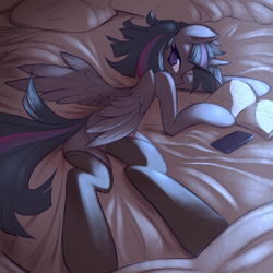 Size: 1512x1512 | Tagged: safe, artist:fajeh, imported from derpibooru, twilight sparkle, alicorn, pony, semi-anthro, bed, book, butt, cellphone, clothes, looking at you, lying down, phone, pillow, plot, smartphone, solo, stockings, thigh highs, twilight sparkle (alicorn)