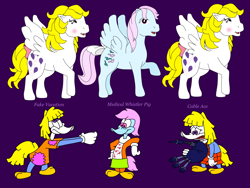 Size: 2048x1536 | Tagged: safe, artist:warnerbrother65, imported from derpibooru, surprise, wind whistler, anthro, bird, pegasus, pony, adoraprise, bagpipes, cable ace, clothes, cute, episodes, fake vacation, female, g1, mare, medical winnie pig, musical instrument, parody, pony to woodpecker, purple background, simple background, skirt, surprise (g1), the new my little pony show, the new woody woodpecker show, whistlerbetes, winnie woodpecker, woodpecker, woodpeckerified, woody woodpecker