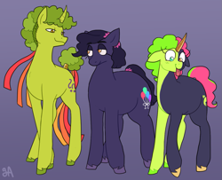 Size: 1227x998 | Tagged: safe, artist:greenarsonist, imported from derpibooru, oc, oc only, oc:jesse wisecracker, oc:jumping jack⤴, oc:party popper🎊, earth pony, pony, unicorn, :p, chubby, dyed hair, dyed mane, dyed tail, earth pony oc, family, hair accessory, heterochromia, horn, looking at each other, looking at someone, male, nonbinary, prosthetic horn, prosthetics, stallion, tail, tongue out, two toned mane, two toned tail, unicorn oc, unshorn fetlocks