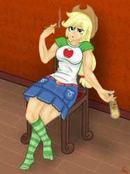 Size: 1280x1708 | Tagged: safe, artist:lennondash, imported from derpibooru, applejack, equestria girls, applejack's hat, belt, bottle, breasts, busty applejack, chair, cider, cigar, clothes, cowboy hat, denim skirt, female, hat, lidded eyes, open mouth, shirt, sitting, skirt, slouching, smoke, socks, solo, striped socks, t-shirt