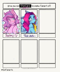 Size: 1715x2048 | Tagged: safe, artist:mscolorsplash, imported from derpibooru, skywishes, thistle whistle, earth pony, pegasus, pony, six fanarts, female, g3, grin, mare, smiling, wip