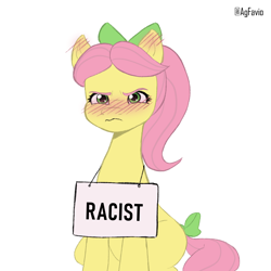 Size: 1414x1414 | Tagged: safe, artist:agfavio, imported from derpibooru, earth pony, pony, angry, blushing, bow, ear blush, female, g5, hair bow, mare, my little pony: make your mark, pony shaming, ponytail, posey bloom, posey bloom is not amused, sign, tail, tail bow, unamused