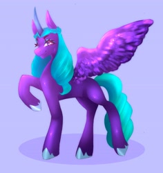 Size: 5011x5298 | Tagged: safe, artist:megatronsthiccthighs, imported from derpibooru, opaline arcana, alicorn, pony, spoiler:g5, spoiler:my little pony: make your mark, absurd resolution, eyebrows, female, g5, light blue background, looking at you, mare, my little pony: make your mark, raised hoof, shading, shadow, simple background, smiling, smiling at you, solo