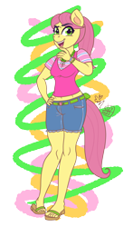 Size: 1138x1938 | Tagged: safe, artist:erynerikard, imported from derpibooru, anthro, earth pony, plantigrade anthro, clothes, digital art, feet, female, g5, hand on hip, jewelry, laughing, looking at you, midriff, my little pony: make your mark, my little pony: tell your tale, necklace, ponytail, posey bloom, sandals, shorts, simple background, transparent background